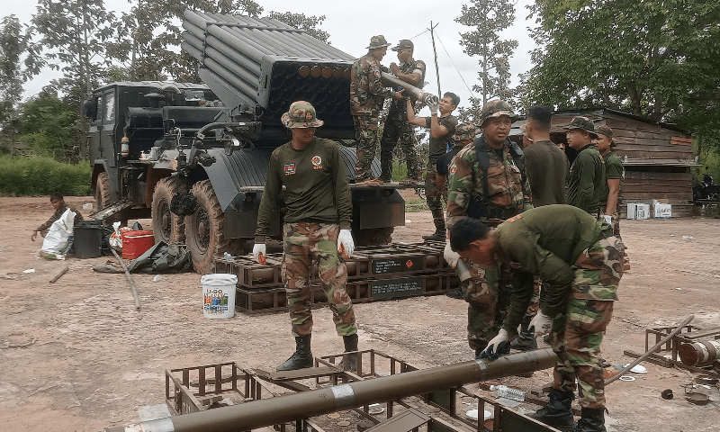 Cambodian soldiers reload the BM-21 multiple rocket launcher in Preah Vihear province on July 24, 2025. &mdash; AFP