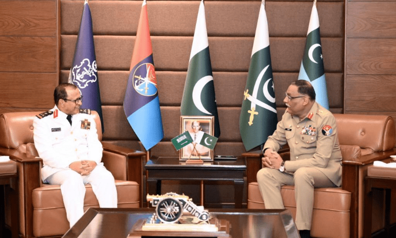 Royal Saudi Naval Forces’ chief of staff, Vice Admiral Mohammed bin Abdulrahman Al Ghuraybi, meets CJCSC General Sahir Shamshad Mirza, NI (M) at the joint staff headquarters in Rawalpindi on July 24, 2025. — ISPR