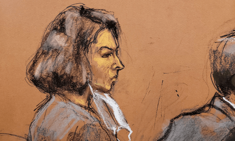 Jeffrey Epstein associate Ghislaine Maxwell sits at the defense table as juror number 50 answers questions from Judge Alison Nathan about his answers on the juror questionnaire in a courtroom sketch in New York City, US, on March 8, 2022. &mdash; Reuters/File