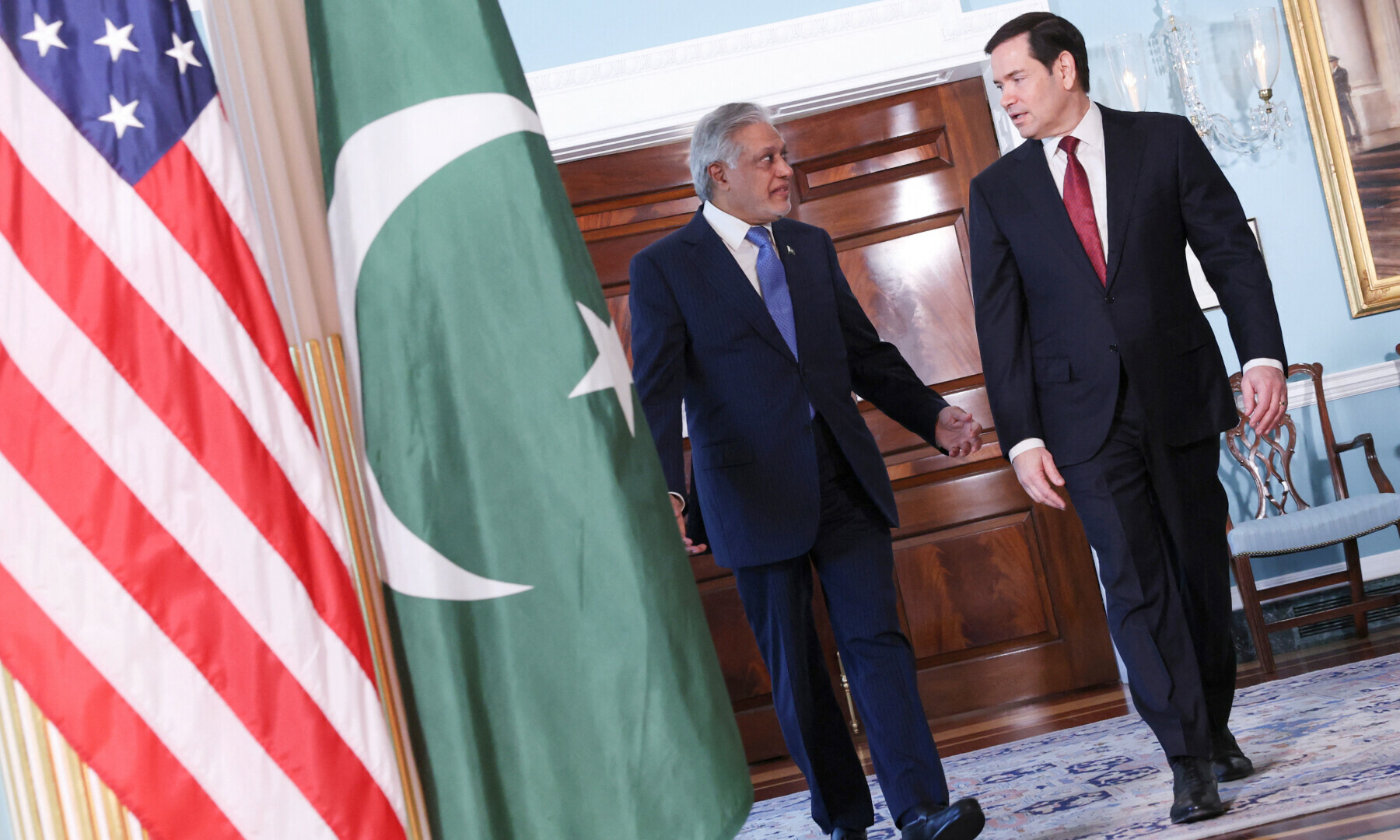 FOREIGN Minister Ishaq Dar and US Secretary of State Marco Rubio arrive at the State Department ahead of their meeting in Washington.—Reuters