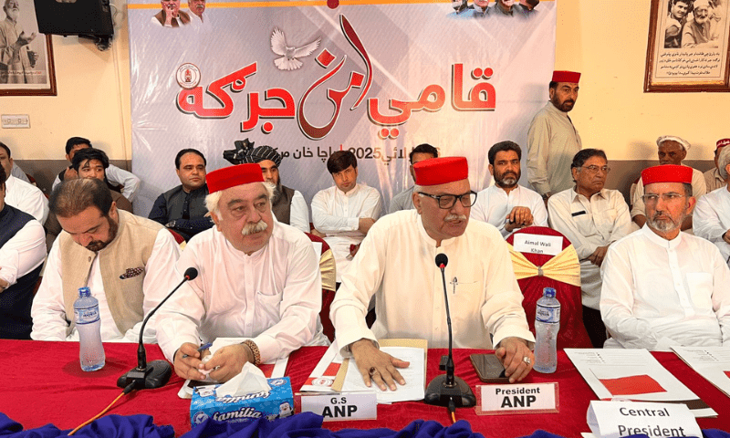 A jirga organised by the Awami National Party (ANP) at Bacha Khan Markaz in Peshawar.  &mdash; Photo via X/@ANPMarkaz