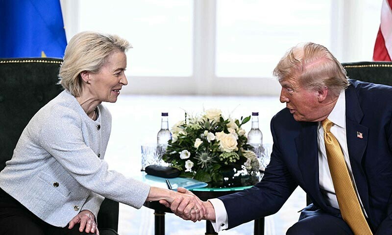 US President Donald Trump shakes hands with European Commission President Ursula von der Leyen during a meeting in Turnberry, southwest Scotland, on July 27. — AFP US President Donald Trump shakes hands with European Commission President Ursula von der Leyen during a meeting in Turnberry, southwest Scotland, on July 27. — AFP