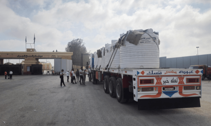 Trucks carrying aid line up near the Rafah border crossing between Egypt and the Gaza Strip, amid the ongoing conflict between Israel and Hamas, in Rafah, Egypt on July 28, 2025. &mdash; Reuters 