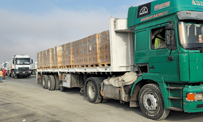  Trucks carrying aid line up near the Rafah border crossing between Egypt and the Gaza Strip, amid the ongoing conflict between Israel and Hamas, in Rafah, Egypt on July 28, 2025. &mdash; Reuters 