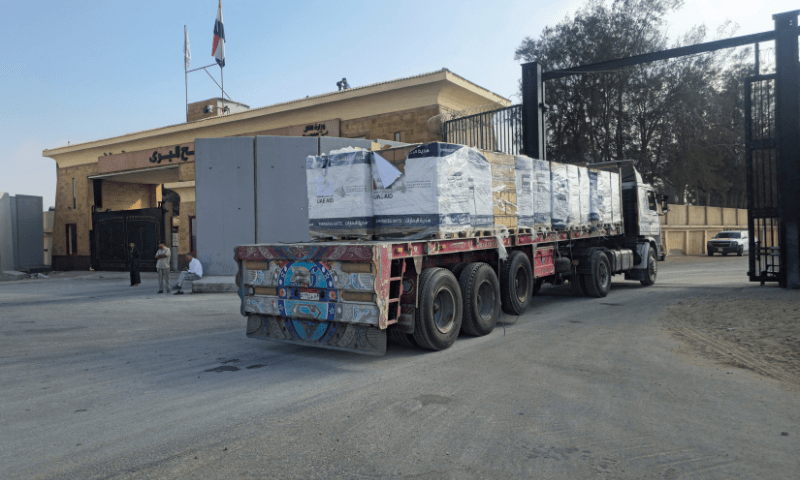  Truck carrying aid lines up near the Rafah border crossing between Egypt and the Gaza Strip, amid the ongoing conflict between Israel and Hamas, in Rafah, Egypt on July 28, 2025. &mdash; Reuters 