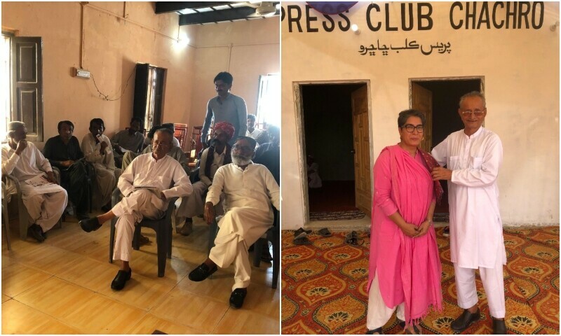 Left: Ali Akbar Rahimoo, Gautam Rathi and Qamaruddin Rahimoo at the Chhachhro Press Club. Behind them are people from all over Chhachhro and Dahli who came to air their grievances at the HRCP camp on April 15, 2025; Right: Gautam Rathi sb presents me with an ajrak at the Chhachhro Press Club. He is known as the encyclopedia of Thar because of his vast knowledge of its history and customs.