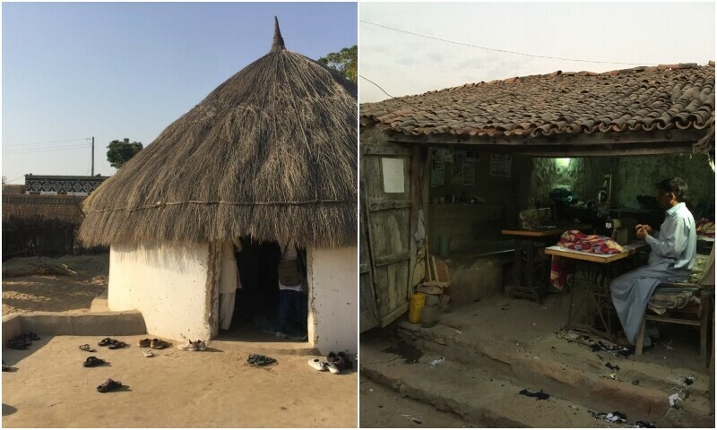 Left: A typical Thari home in a village cluster; right: an ancient shop with a low roof and terracotta tiles at the old Nagar bazaar. — photos by author