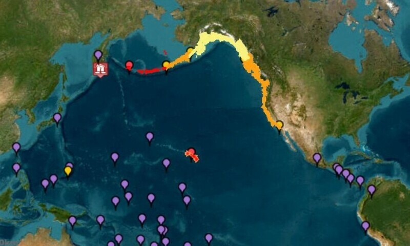 This image courtesy of the National Oceanic and Atmospheric Administration’s (NOAA) Tsunami Warning System shows tsunami warnings (red), advisories (orange) watches (yellow) and threats (purple). — AFP