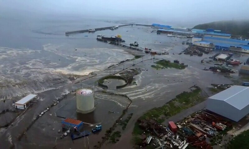 This video grab from a drone handout footage released by Geophysical Service of the Russian Academy of Sciences on July 30 shows the tsunami-hit Severo-Kurilsk on Paramushir island of Russia’s northern Kuril islands. — AFP
