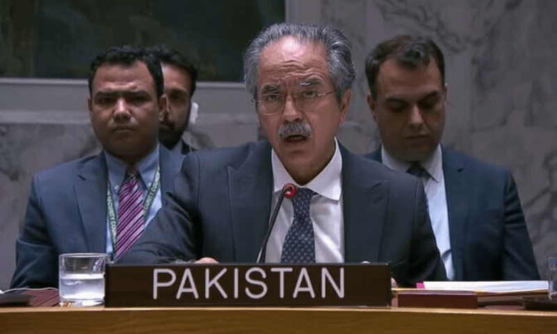 Ambassador Asim Iftikhar Ahmad, permanent representative of Pakistan of the United Nations, speaks at the UN Security Council on Tuesday. — Dawn/File