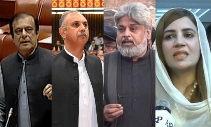 Image collage showing convicted PTI leaders from left to right: Shibli Faraz, Omar Ayub, Hamid Raza, and Zartaj Gul. — Dawn NewsTV