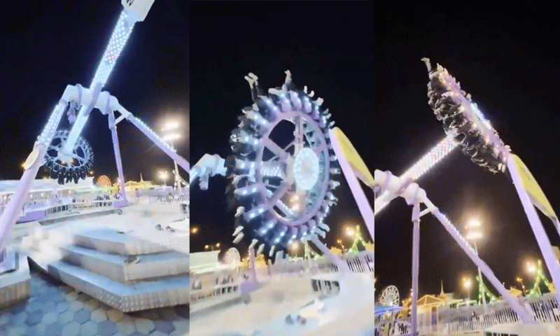 People ride the “360 Degrees” fairground ride in Taif, Saudi Arabia just before it snapped and fell to the ground on July 30. — DawnNewsTV