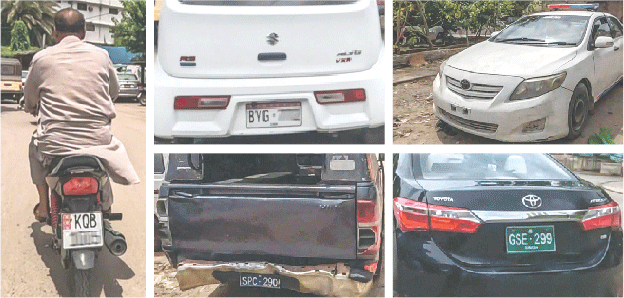  While ordinary citizens are required to get new Ajrak-designed number plates for their motorcycles and cars to avoid heavy fines, police vehicles and government cars seem exempt from the mandatory replacement of old registration plates with new retro-reflective ones, as it becomes a common sight to see such vehicles roaming on city roads.&mdash;Fahim Siddiqi / White Star   