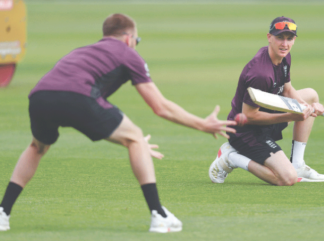 ENGLAND batter Harry Brook (R) attends a practice session at Edgbaston on Tuesday.&mdash;Reuters
