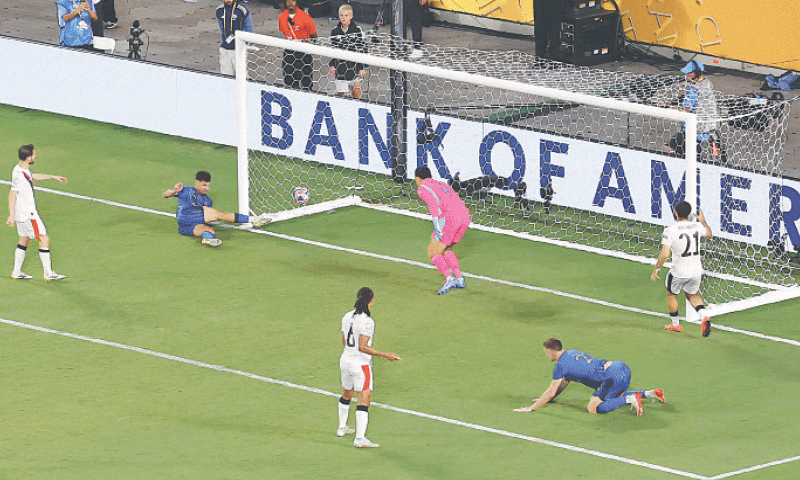 ORLANDO (Florida): Al Hilal&rsquo;s Marcos Leonardo (second L) scores against Manchester City during their Club World Cup round-of-16 match at the Camping World Stadium.&mdash;Reuters
