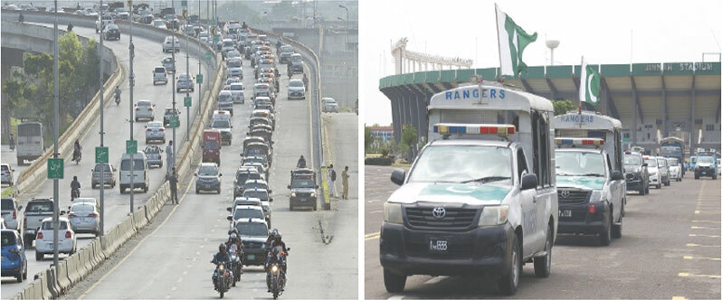 Punjab police pass through Old Airport Road in Rawalpindi while Rangers leave the Sports Complex in Islamabad as law enforcement agencies held a flag march in connection with Muharram on Wednesday. &mdash; Photos by Mohammad Asim