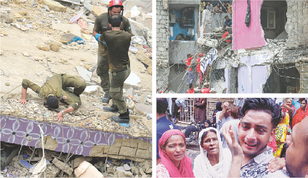  (Clockwise from left) A rescue worker puts his ear to the ground to listen for victims trapped under the rubble; adjacent buildings were also damaged by the falling structure; and, a grieving youth is comforted by people around him near Aath Chowk in Lyari.— PPI / AFP / APP  