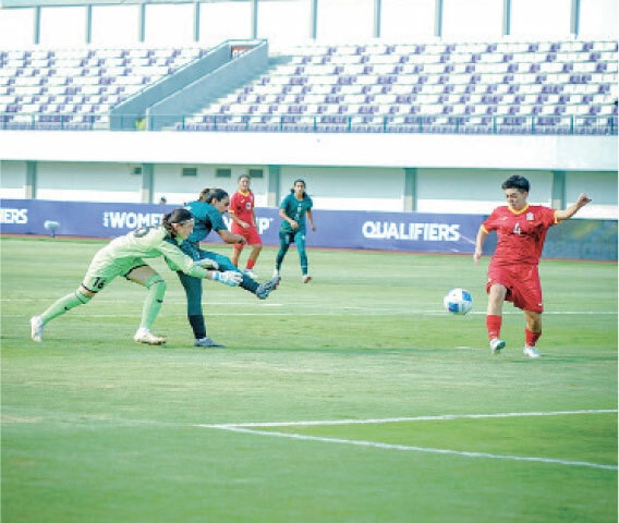PAKISTAN&rsquo;S Mariam Mehmood shoots to score against Kyrgyzstan during their AFC Women&rsquo;s Asian Cup Qualifier at the Sport Centre Kelapa Dua Stadium on Saturday.&mdash;courtesy PFF