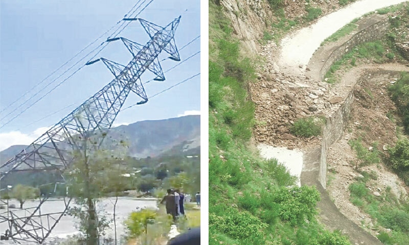 A electricity pylon connecting the 108MW Golen Gol hydropower station in Ayun village with the national grid tilts after suffering damage in a high flood in the Chitral River. (Right) Landslide blocks a road in Haripur. — Dawn