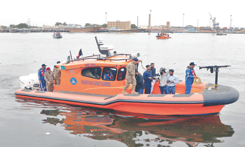 One of the rigid hull inflatable boats inducted into the Pakistan Coast Guards’ fleet on Monday.—APP