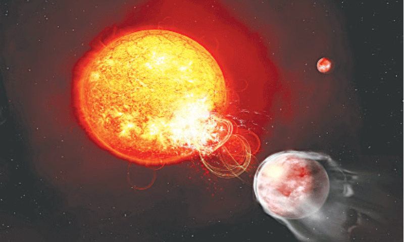 THIS illustration released by the European Space Agency shows Star HIP 67522, with a flare erupting towards an orbiting planet.—Reuters