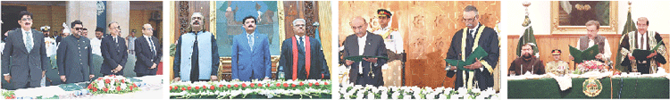 (LEFT to right) Justice Muhammad Junaid Ghaffar stands alongside Sindh CM Murad Ali Shah and Governor Kamran Tessori; Justice Syed Mohammad Attique Shah stands alongside KP CM Ali Amin Gandapur and Governor Faisal Karim Kundi; President Asif Ali Zardari administers the oath to IHC CJ Sardar Muhammad Sarfraz Dogar; and, Justice Rozi Khan Barech takes oath as the BHC chief justice.—APP / Handout