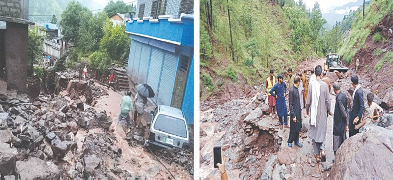 Residents walk over a badly damaged and debris-filled link road in Goharabad village of Jhelum Valley after a cloudburst-induced flash flood struck in the early hours of Wednesday, damaging homes, shops, and vehicles. In the other picture, people look on as an earth-moving machine of the Highways Department clears boulders from one of the severely damaged link roads in Goharabad village. &mdash; Dawn