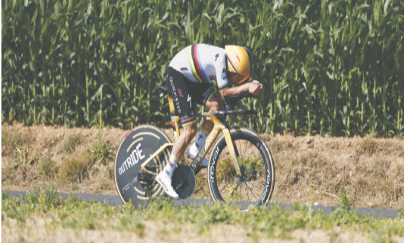 SOUDAL Quick-Step’s Remco Evenepoel of Belgium in action during the fifth stage time trial of the Tour de France on Wednesday.—Reuters SOUDAL Quick-Step’s Remco Evenepoel of Belgium in action during the fifth stage time trial of the Tour de France on Wednesday.—Reuters