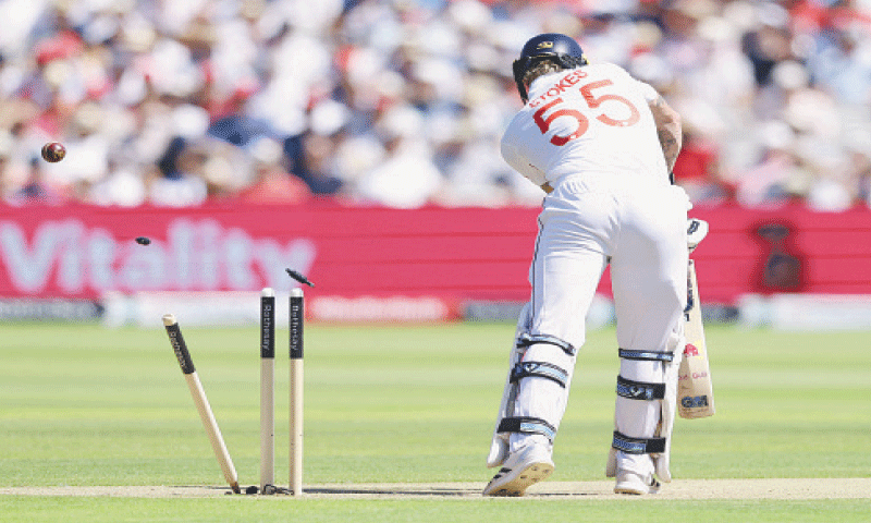ENGLAND captain Ben Stokes is cleaned up by Indian pacer Jasprit Bumrah during the third Test at Lord&rsquo;s on Friday.&mdash;Reuters
