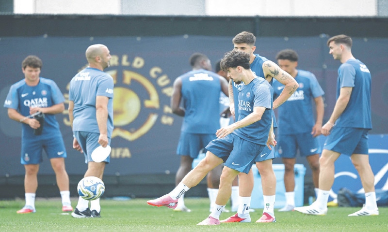 PISCATAWAY (New Jersey): Paris St-Germain&rsquo;s Vitinha takes part in a training session along with team-mates at the Rutgers University ground.&mdash;AFP
