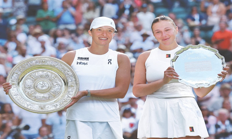 POLAND’S Iga Swiatek (L) poses with the Wimbledon trophy alongside runner up Amanda Anisimova of the US after their final at the All England Lawn Tennis and Croquet Club on Saturday.—Reuters