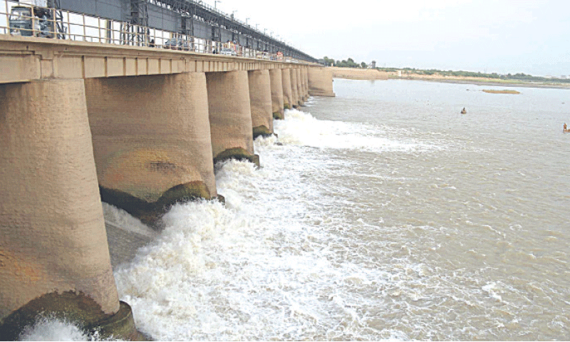 HYDERABAD: Water is released downstream Kotri barrage after increased inflows in the Indus River.&mdash;Photo by Umair Ali