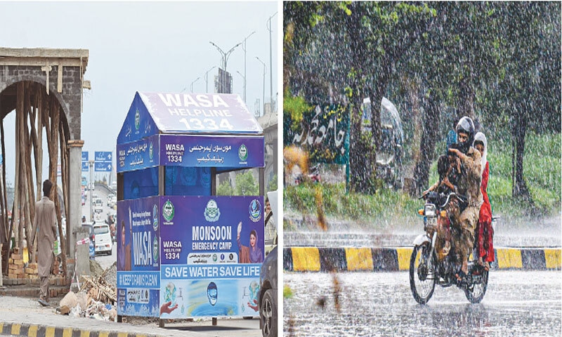 An emergency camp has been set up by Wasa at Rehmanabad in Rawalpindi to help citizens in case of any eventuality during rains. The other picture shows a family travelling on a motorcycle during heavy rain in Islamabad on Monday. — Photos by INP & Online