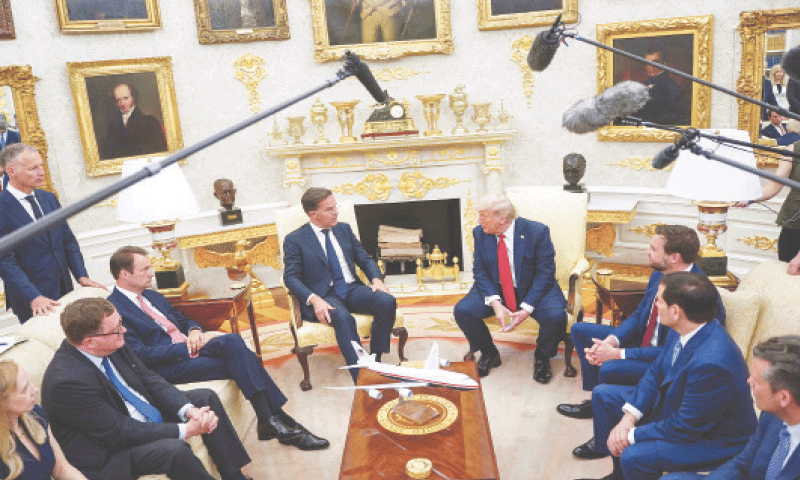 US President Donald Trump, flanked by Vice President J. D. Vance, Secretary of State Marco Rubio and Defence Secretary Pete Hegseth, meets Nato Secretary General Mark Rutte in the Oval Office on Monday.—Reuters