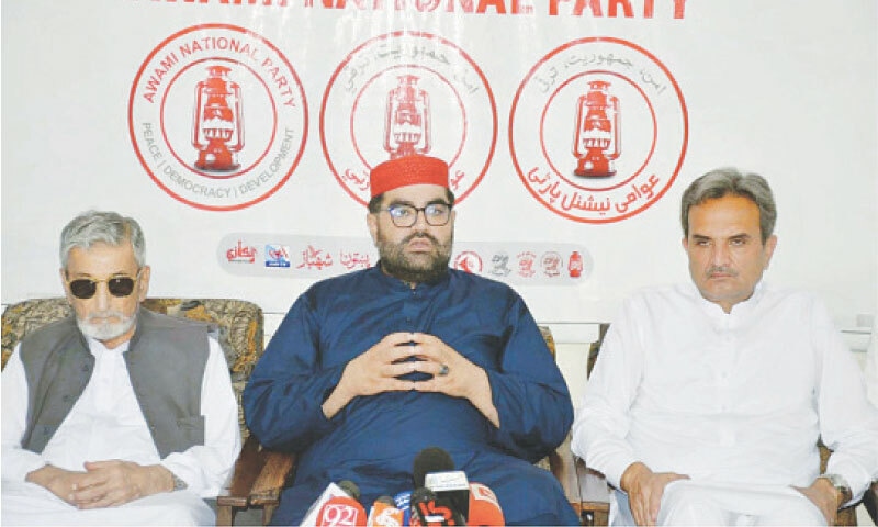 ANP chief Aimal Wali addresses a presser in Peshawar on Tuesday. — PPI