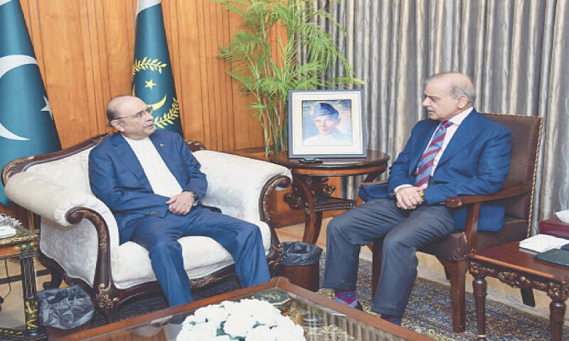 Prime Minister Shehbaz Sharif meets President Asif Ali Zardari at Aiwan-i-Sadr on Tuesday.—Online