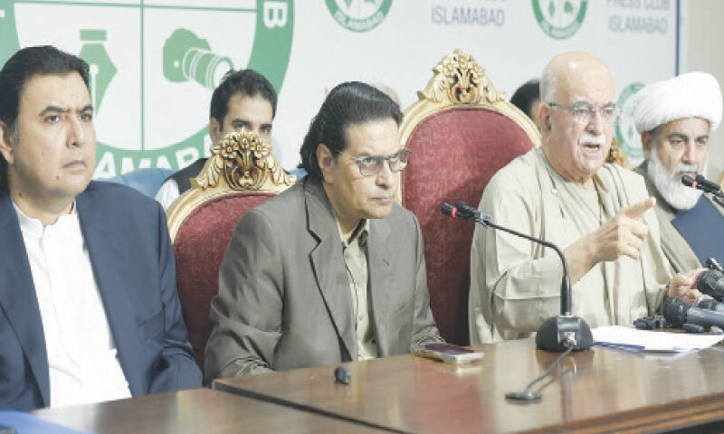 Tehreek-i-Tahafuz-i-Pakistan leaders address a press conference at the National Press Club.—Tanveer Shahzad