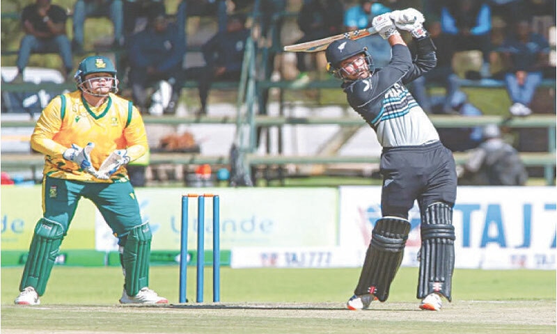 NEW ZEALAND batter Tim Robinson plays a shot during the T20 tri-series match against South Africa at the Harare Sports Club on Wednesday.—Zimbabwe Cricket