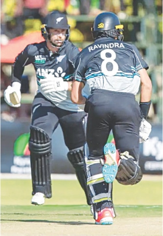  NEW ZEALAND opener Devon Conway (L) and Rachin Ravindra run between the wicket during the T20 tri-series match at the Harare Sports Club on Friday.
—courtesy Zimbabwe Cricket 