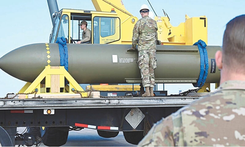  American airmen look at a GBU-57, or the Massive Ordnance Penetrator (MOP) bomb, at Whiteman Air Base in Missouri: the impetus for this development by India appears to come partly from the US’ use of MOP bunker-buster bombs against Iran’s underground nuclear facilities at Fordow and Natanz on
June 21, 2025 | AP 
