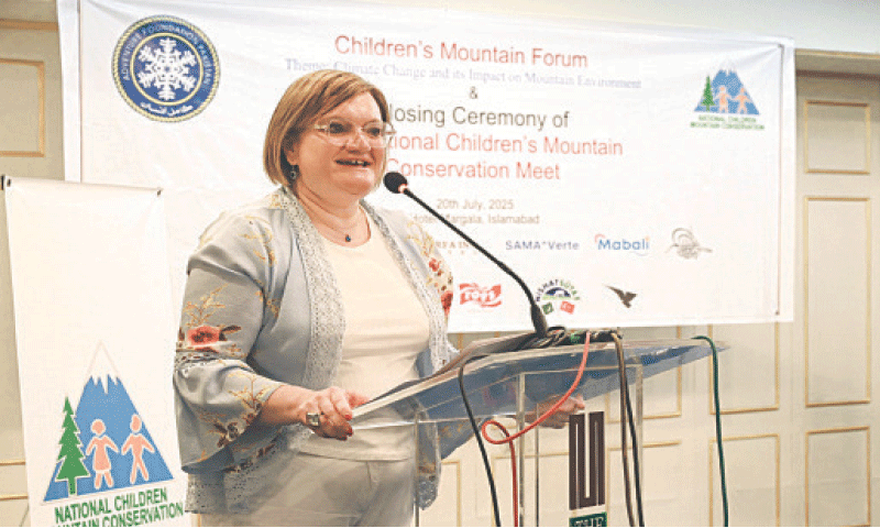 Italian Ambassador Marilina Armellin speaks at the closing ceremony of the 21st National Children Mountain Conservation Meet in Islamabad. &mdash; Dawn