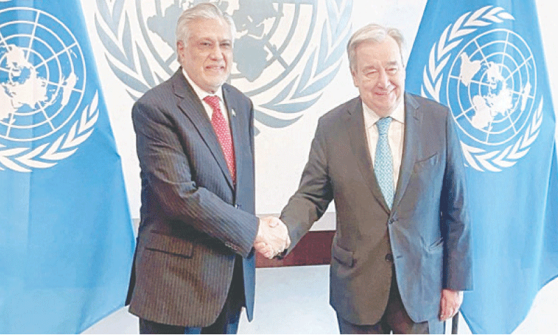 FOREIGN Minister Ishaq Dar shakes hands with UN Secretary General Ant&oacute;nio Guterres.&mdash;X / ForeignOfficePk