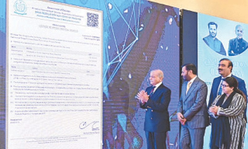 Prime Minister Shehbaz Sharif launches the digital medical licensing system on Monday.—PPI Prime Minister Shehbaz Sharif launches the digital medical licensing system on Monday.—PPI