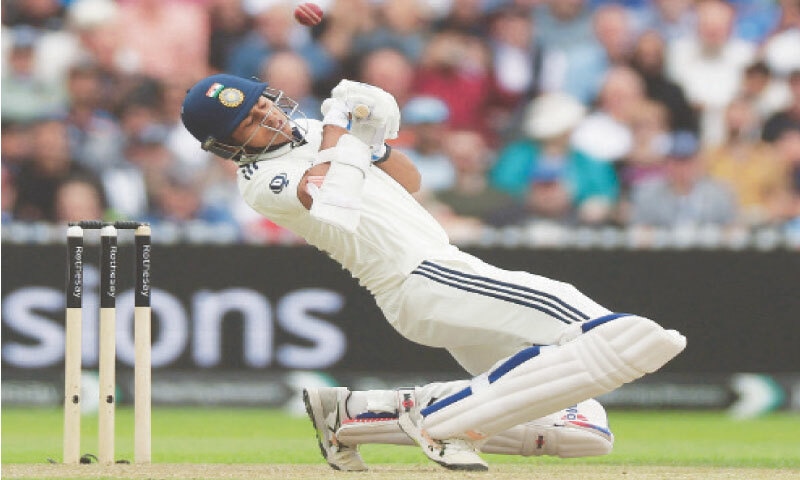 MANCHESTER: Indian opener Yashasvi Jaiswal ducks a bouncer bowled by England pacer Jofra Archer during the fourth Test at Old Trafford on Wednesday.&mdash;Reuters