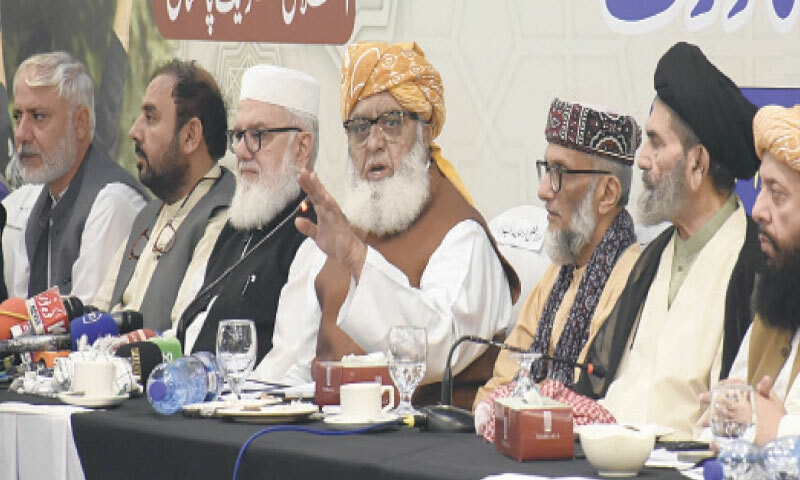 JUI-F chief Maulana Fazlur Rehman speaks during a meeting organised by the Milli Yakjehti Council.&mdash;Online