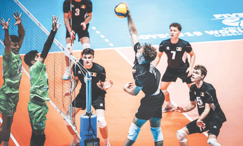 PLAYERS of Pakistan and Belgium in action during their Under-19 World Volleyball Championship match on Thursday.—courtesy PVF