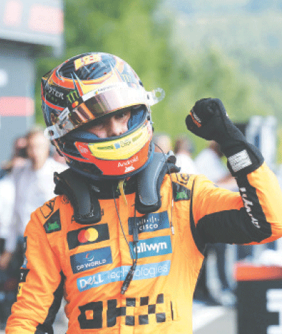 McLaren&rsquo;s Australian driver Oscar Piastri celebrates after the sprint qualifying ahead of the Formula One Belgian Grand Prix at the Spa-Francorchamps circuit on Friday.&mdash;AFP