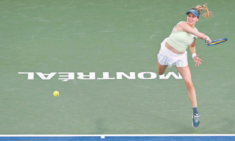 MONTREAL: Canada&rsquo;s Eugenie Bouchard hits a return against Emiliana Arango of Colombia during their Montreal Open first-round match at the IGA Stadium.&mdash;Reuters