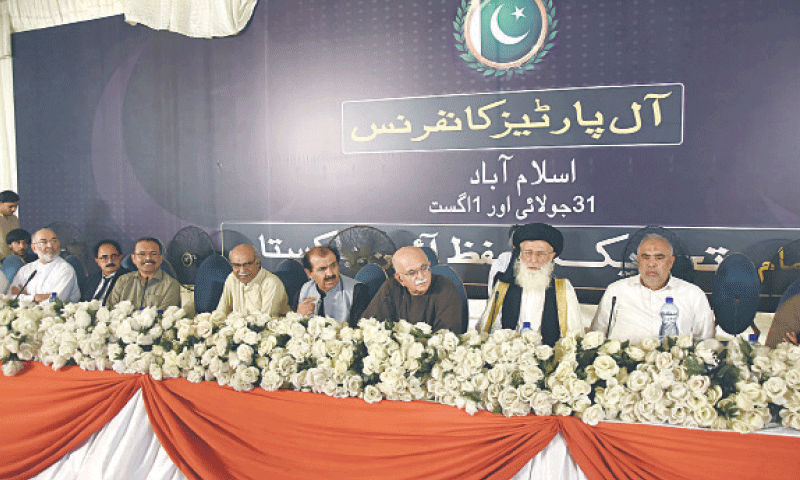 Leaders of Tehreek-i-Tahafuz-i-Ayeen-i-Pakistan (TTAP) sit at a multi-party conference held in Islamabad on Thursday. The alliance was forced to move its conference to a private farmhouse after authorities placed barriers at its intended venue. &mdash; Online