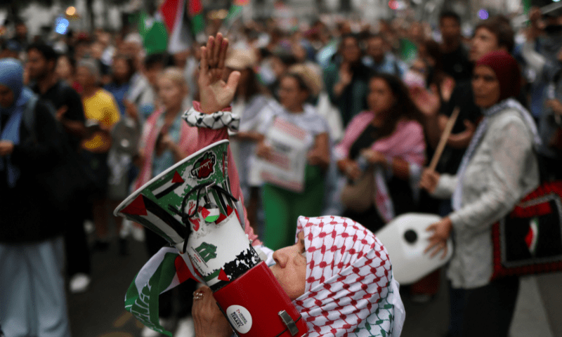  A demonstrator uses a megaphone during a protest in support of Palestinians, calling for an immediate ceasefire in Gaza, amid the ongoing conflict between Israel and Hamas, in Paris, France on July 31, 2025. &mdash; Reuters 
